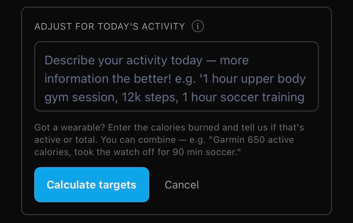W-App activity input for adjusting today's nutrition targets