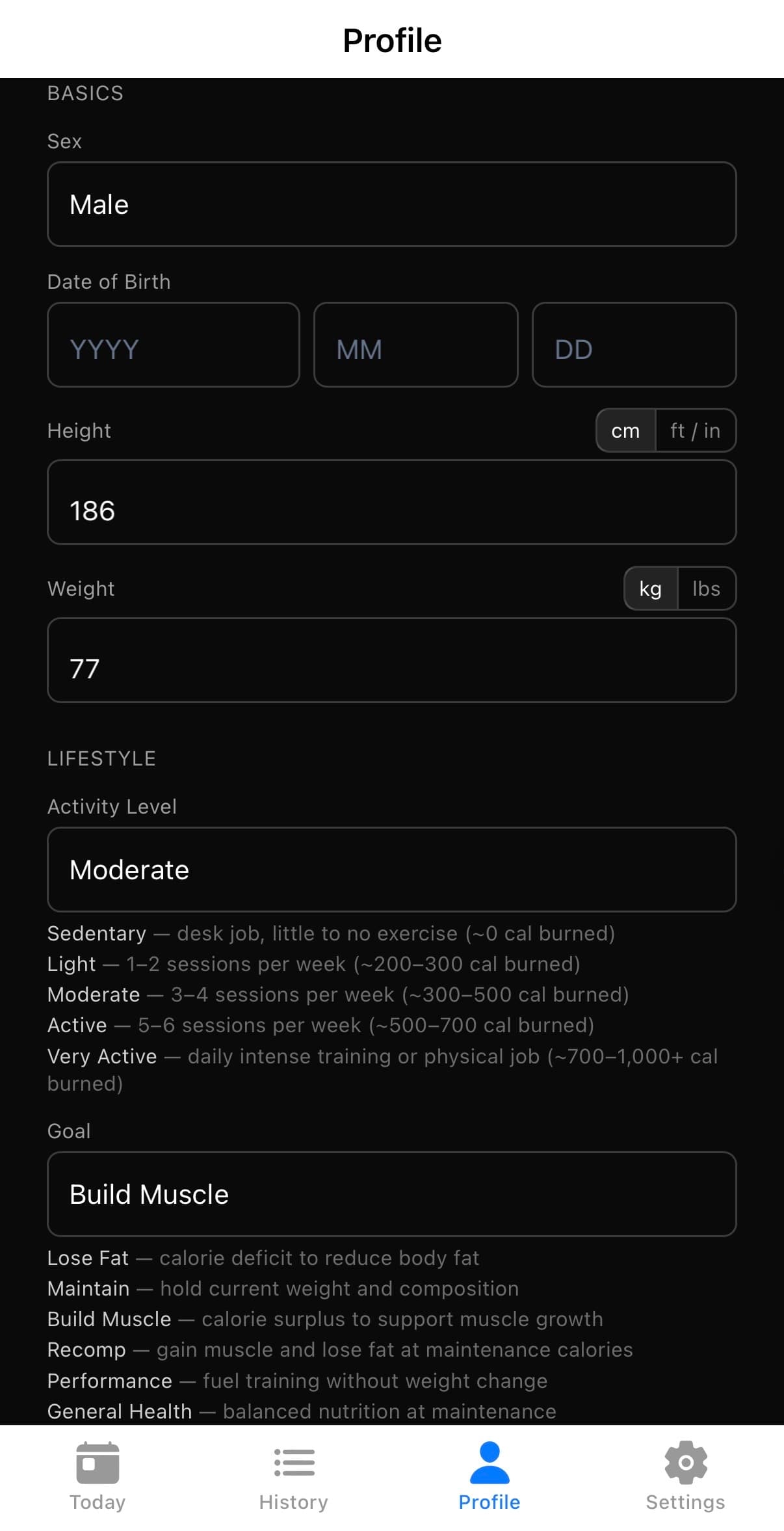 W-App Profile screen showing personal stats, activity level, and goal