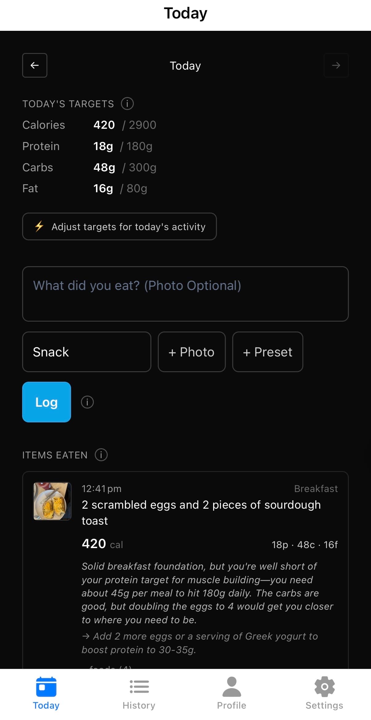 W-App Today screen showing daily nutrition targets and logged meals